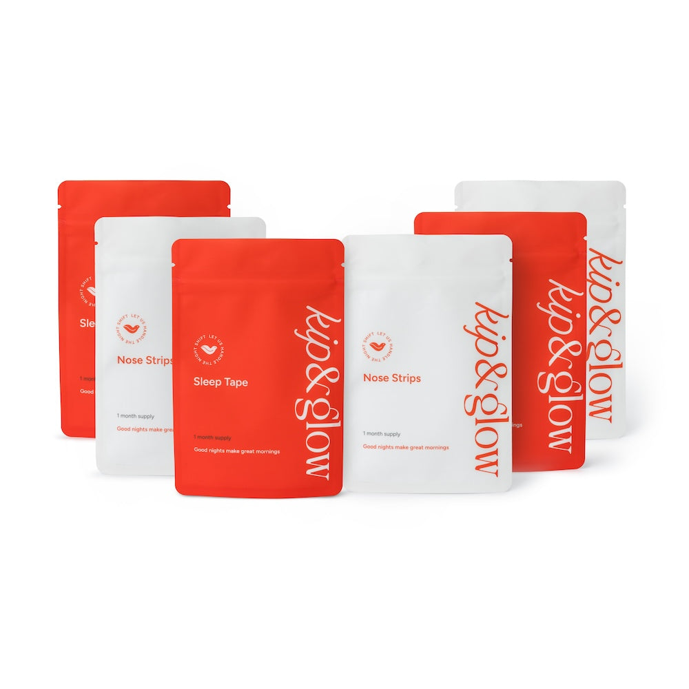 Red and white packaging of kip&glow Sleep Tape and Nose strips on a white background