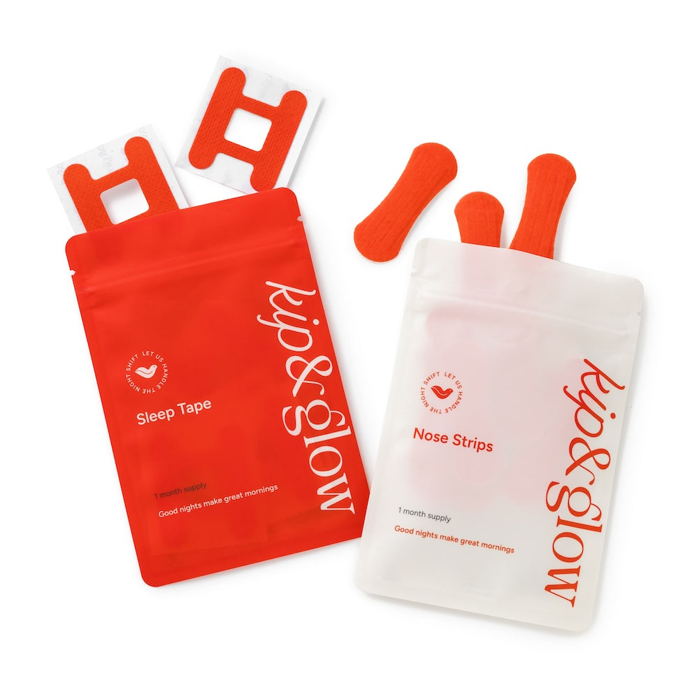 Red and white kip&glow sleep tapes and nose strips on a white background
