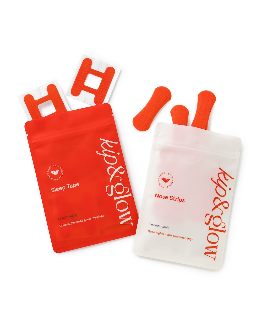 Red and white kip&glow sleep tapes and nose strips on a white background