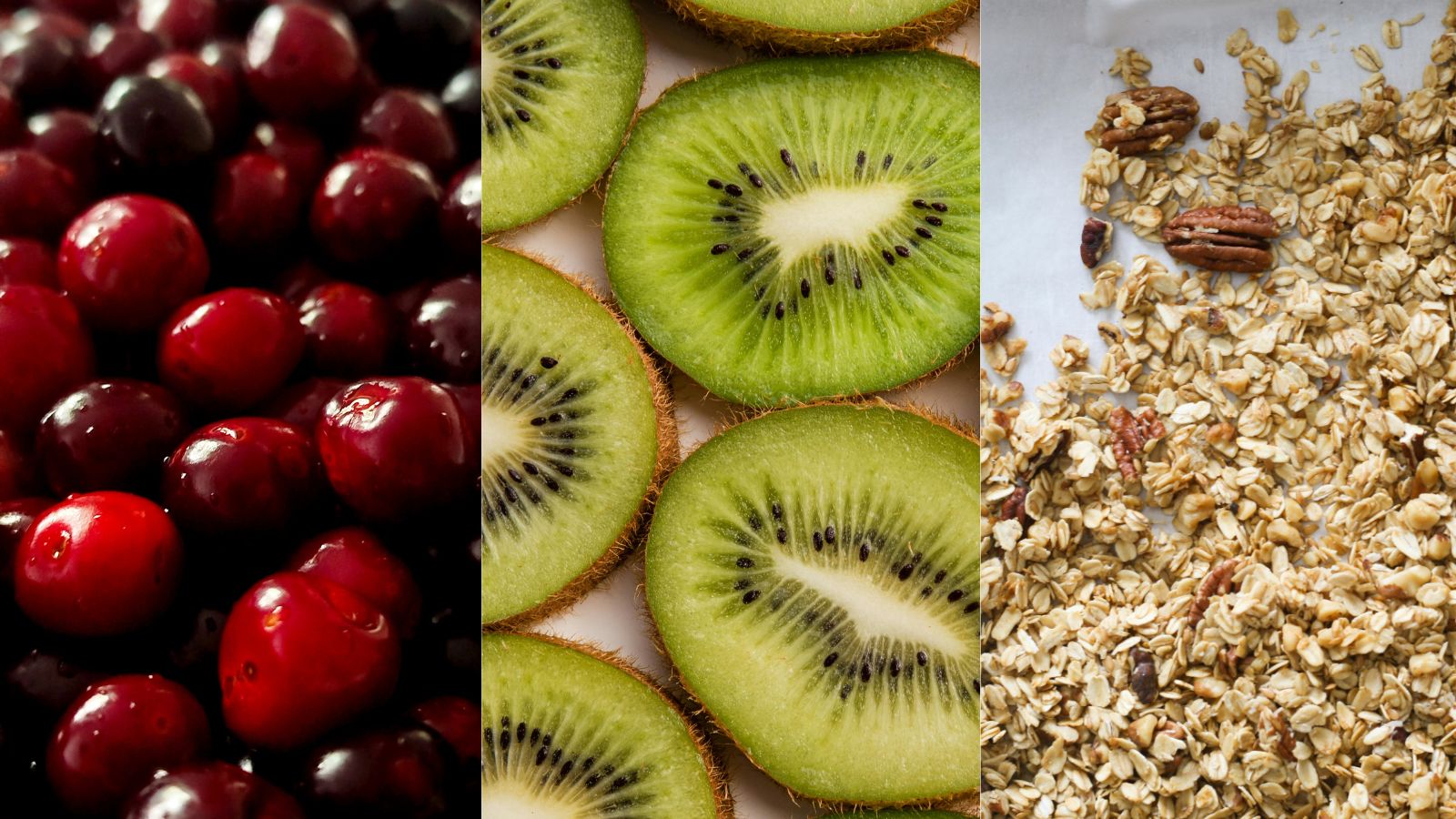 Close up of tart cherries, kiwi fruits and oats