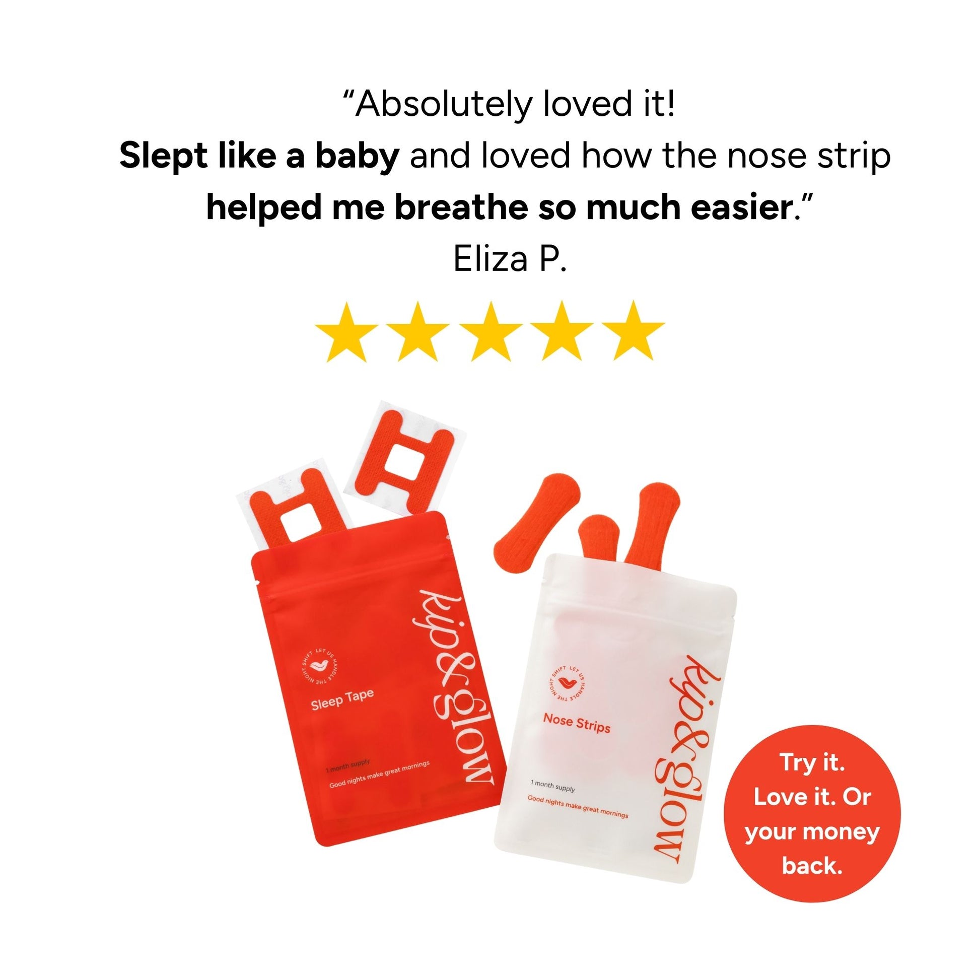 Red and white kip&glow nose strip and sleep tape packaging with a five-star rating and customer review on a white background.
