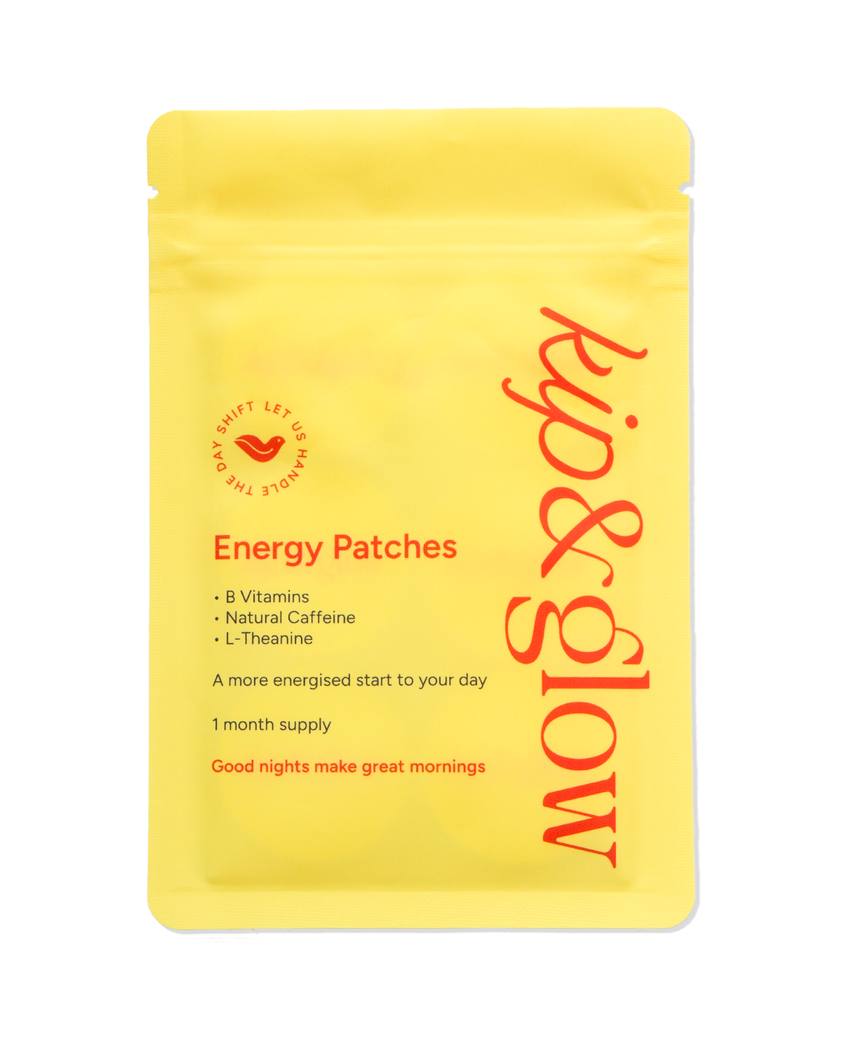 Yellow package of Kip & Glow Energy Patches on a white background