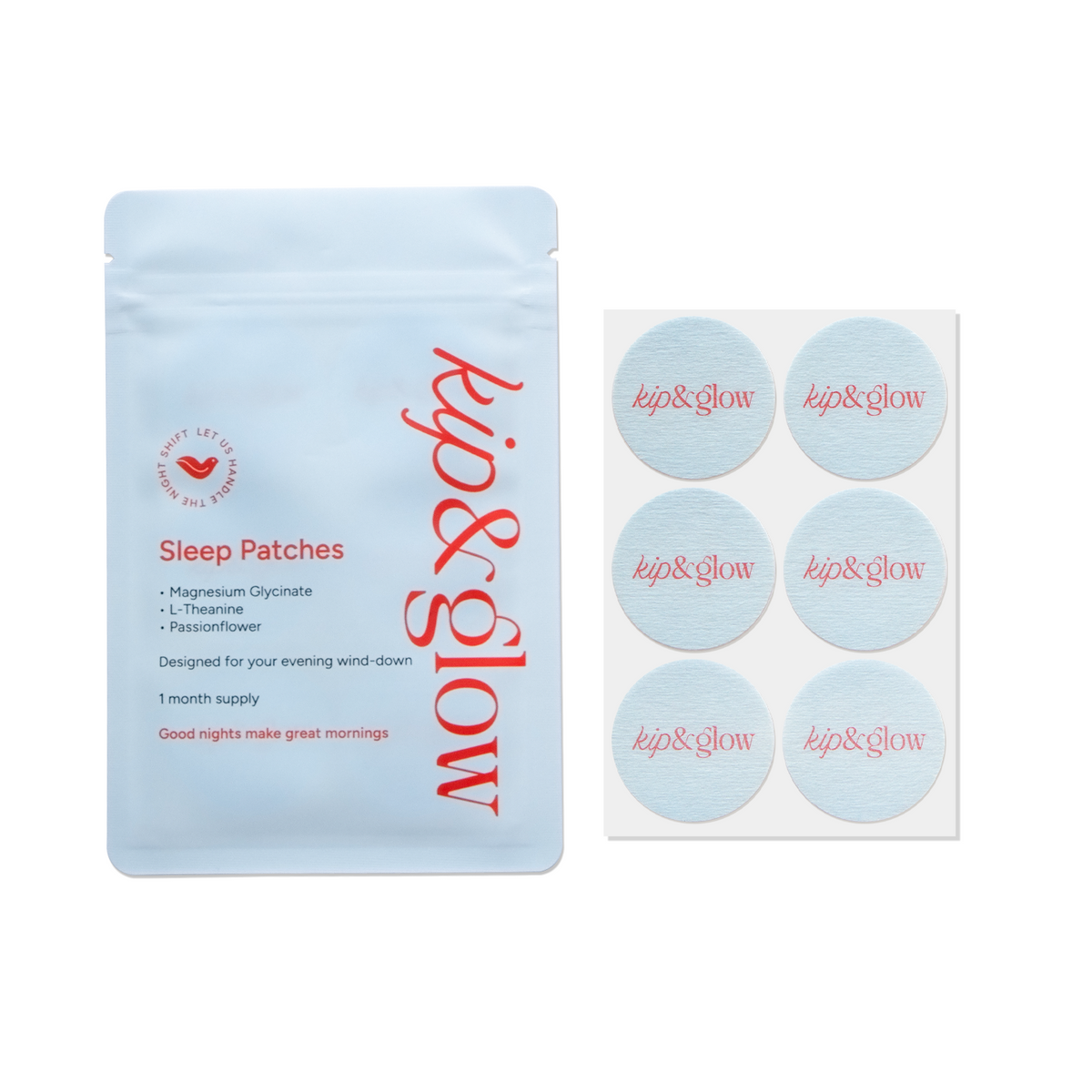 Sleep patches packaging with 'kip & glow' branding on a white background