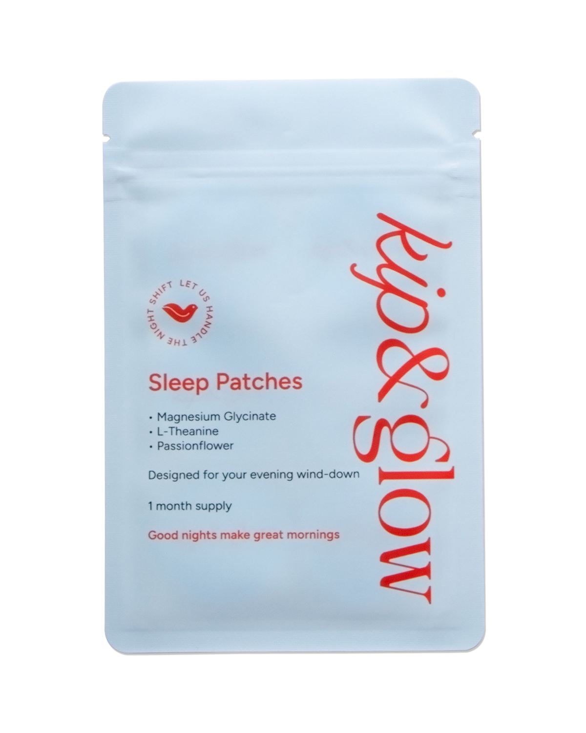 Sleep patches packaging with 'kip&glow' branding on a pale blue background