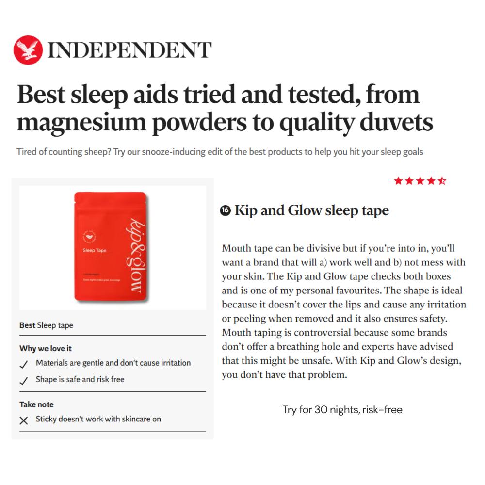 Article from The Independent about sleep aids, featuring kip&glow sleep tape.