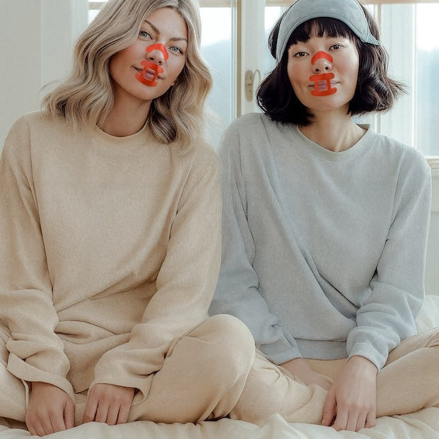 Two people sitting on a bed in a bright room with large windows, wearing kip&glow nose strips and sleep tape.