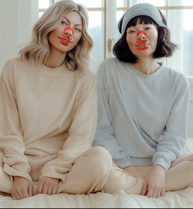 Two people sitting on a bed in a bright room with large windows, wearing kip&glow nose strips and sleep tape.