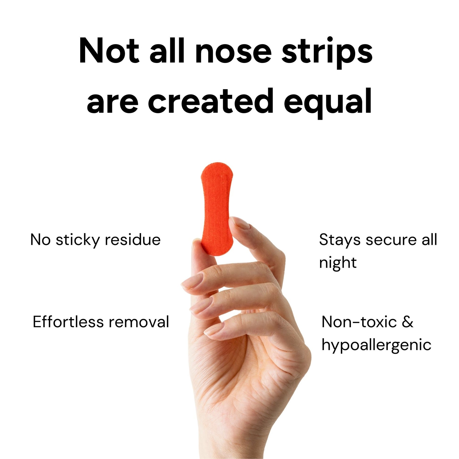 Hand holding a red kip&glow nose strip with text highlighting its features on a white background