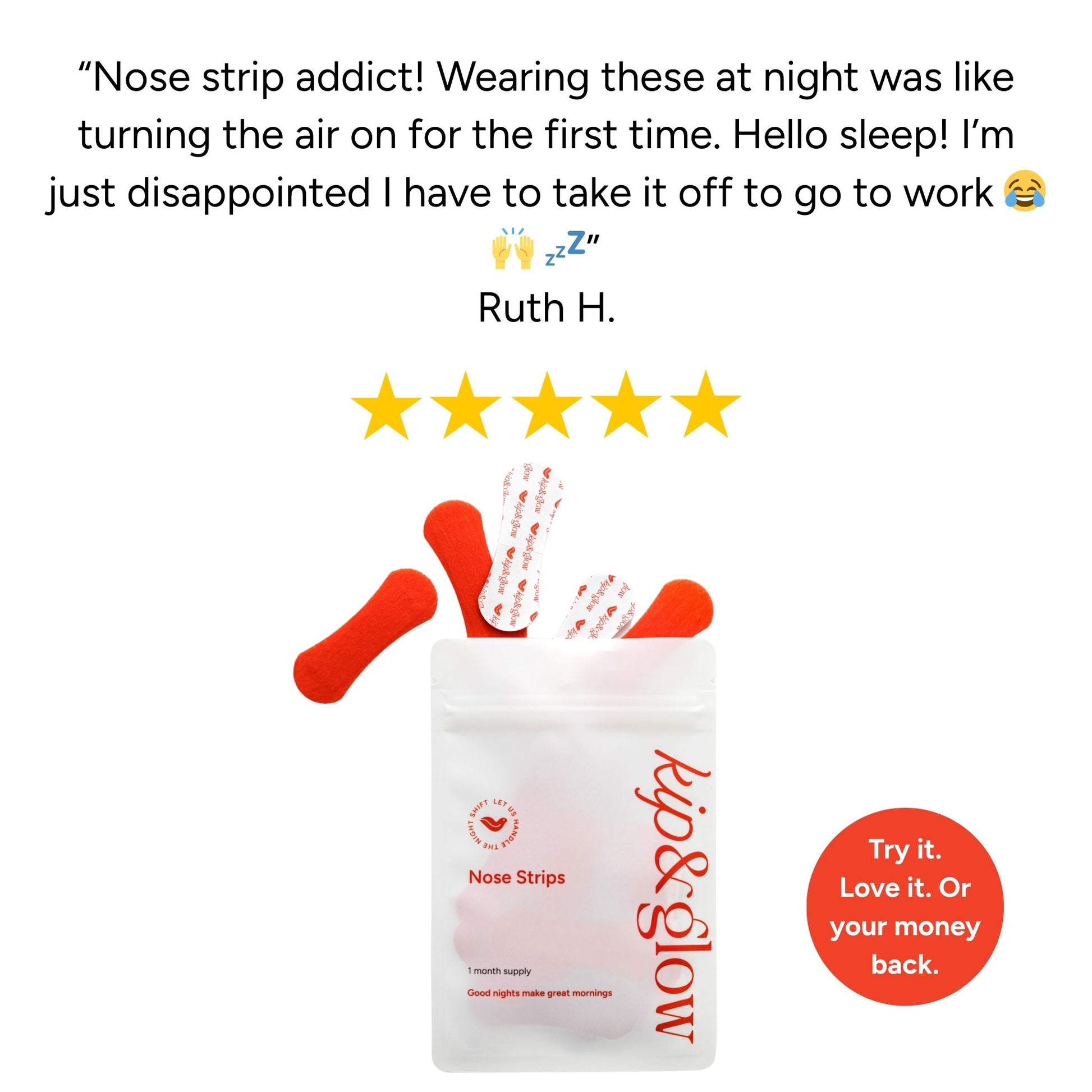 Nose strip product with customer review and promotional text on a white background
