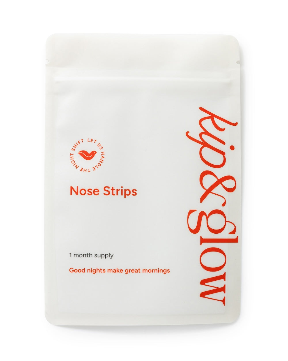 Flat lay of the front side of kip&glow nose strips pouch