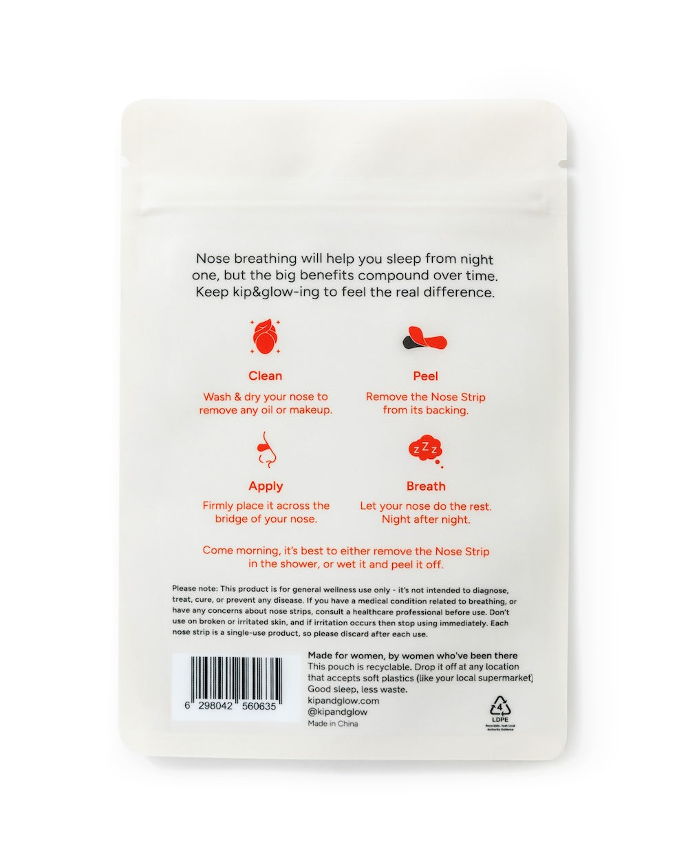 Flat lay of rear of kip&glow nose strip pouch
