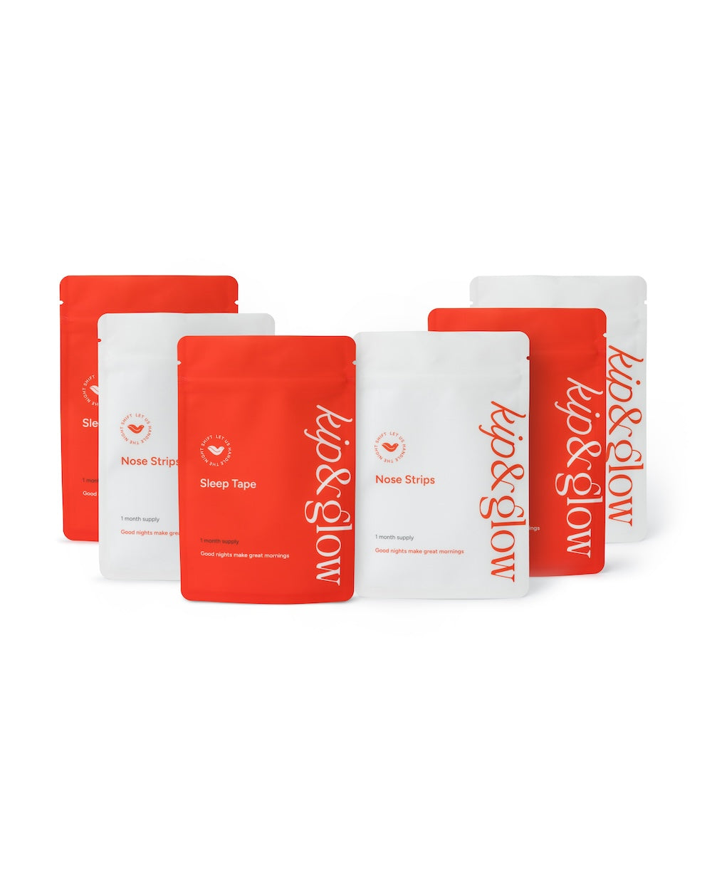 Red and white packaging of kip&glow Sleep Tape and Nose strips on a white background