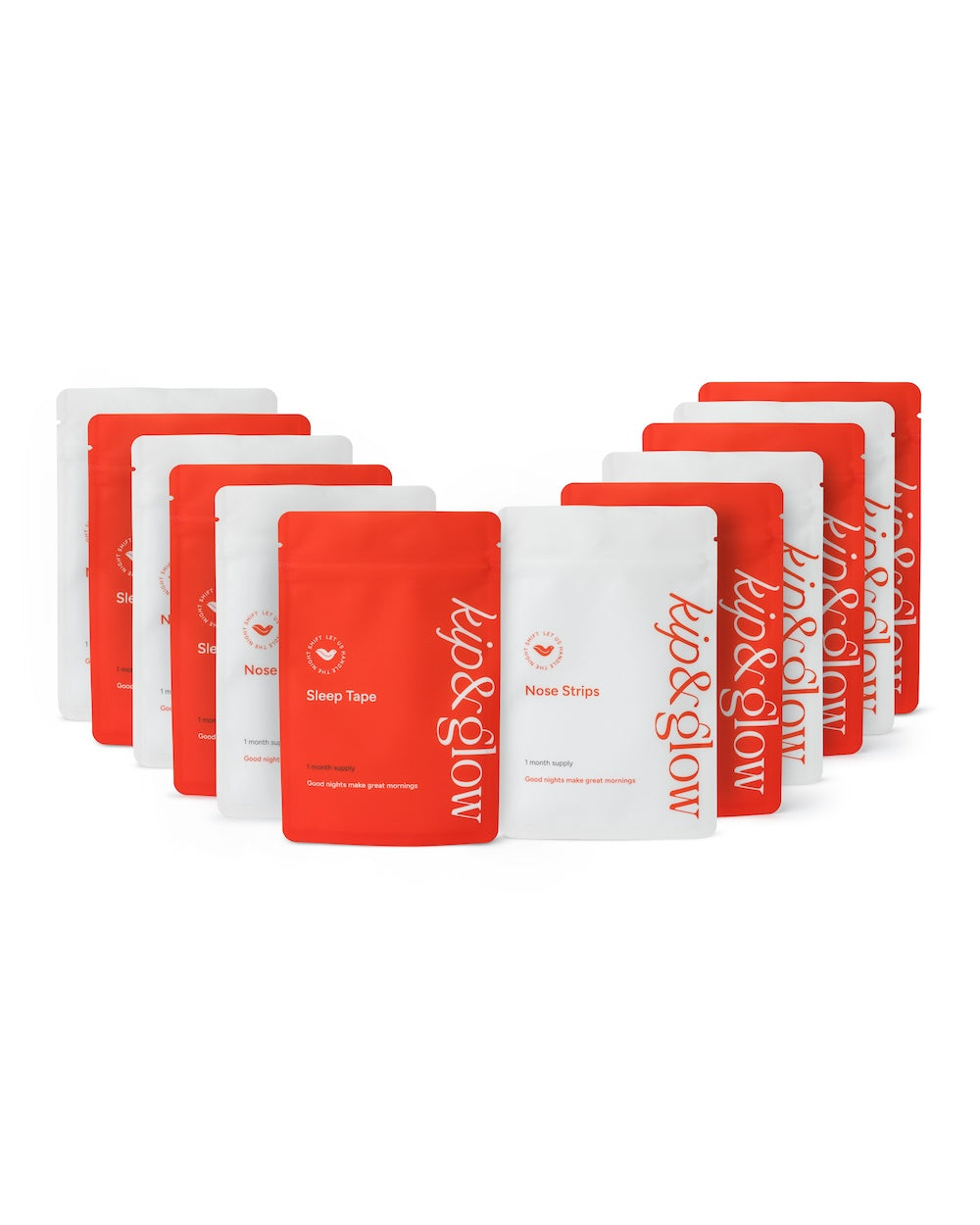 Red and white packaging of kip&glow Sleep Tape and Nose Strips on a white background