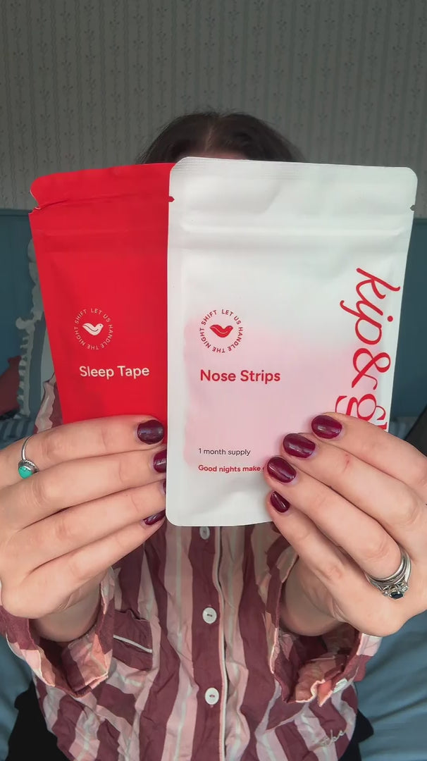Woman wearing kip&glow nose strips and sleep tape